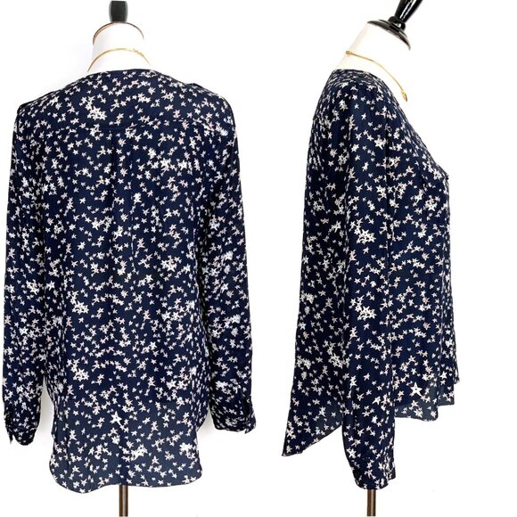 Rebecca Minkoff Silk Star Print Navy Blouse Career Size L - Picture 7 of 16